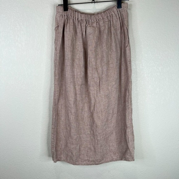 Flax by Angelheart Women's 100% Linen Midi Skirt‎ Elastic Waist Beige - Picture 6 of 12